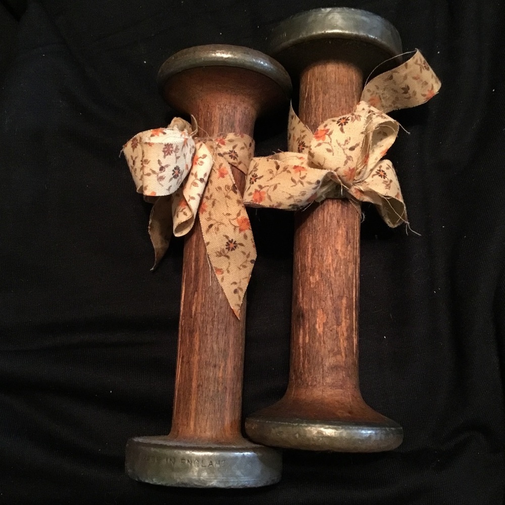 Vintage Wooden Spool Pair with Floral Ribbon - Home Accents